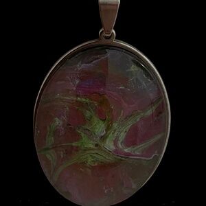 Mauves and Greens Fluid Art Large Oval Necklace